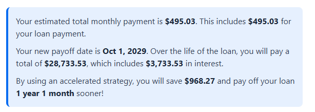 Auto loan chart showing a $25,000 loan at 7% APR with a $5,000 lump sum payment after 24 months, reducing the payoff by 1 year 1 month and saving $968 in interest