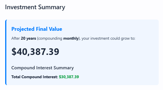 Comparison chart showing daily, monthly, and continuous compounding on a $10,000 investment at 7% annual interest for 20 years. The results highlight $40,387 for monthly, $40,546 for daily, and $40,552 for continuous compounding, illustrating how compounding frequency slightly affects total returns.